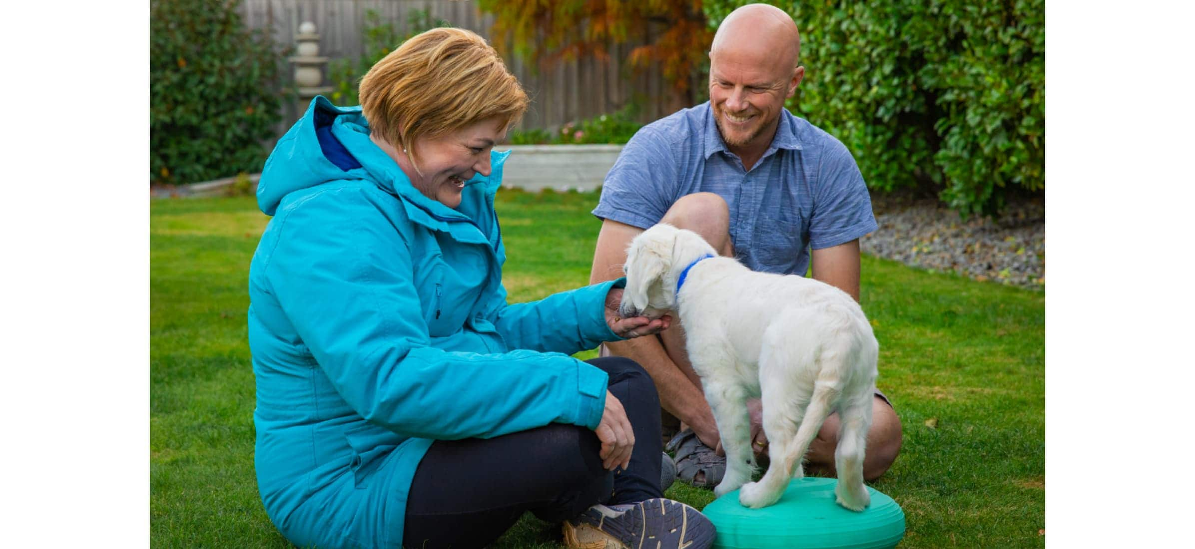 Kathleen looking over a pup, with its owner watching on.